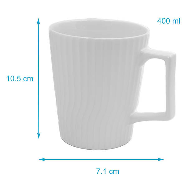 Intirilife 2x koffiekop in wit een inhoud van 400 ml - 12.5 x 7.1 / 9.4 x 10.5 cm - theekopje mok met geribbeld patroon