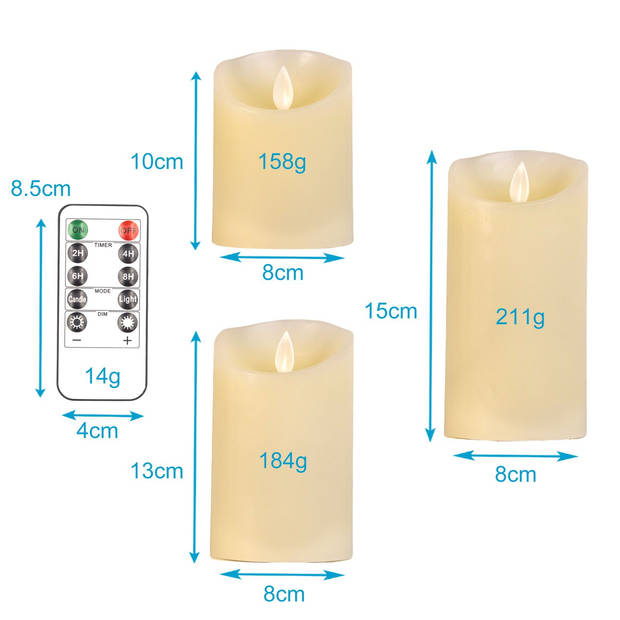 Intirilife 3x kaarsen vlamloze led kaarsen van was in wit - 7,5 x 15 / 12,5 / 10 cm - zuilkaars met afstandsbediening