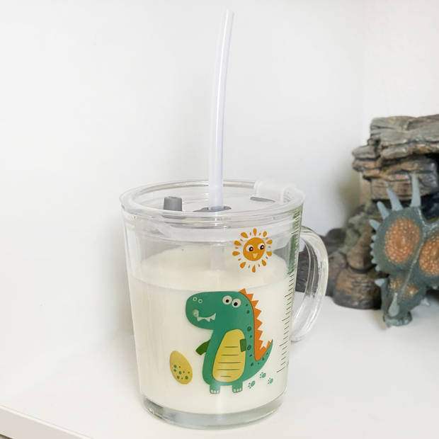 Intirilife doorschijnende kinderbeker met deksel, schaal en rietje met dinosaurus ontwerp - 400 ml - drinkglas handvat