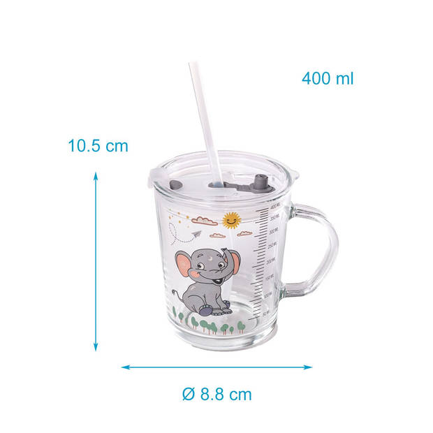 Intirilife doorschijnende kinderbeker met deksel, schaal en rietje met olifant ontwerp - 400 ml - drinkglas met handvat