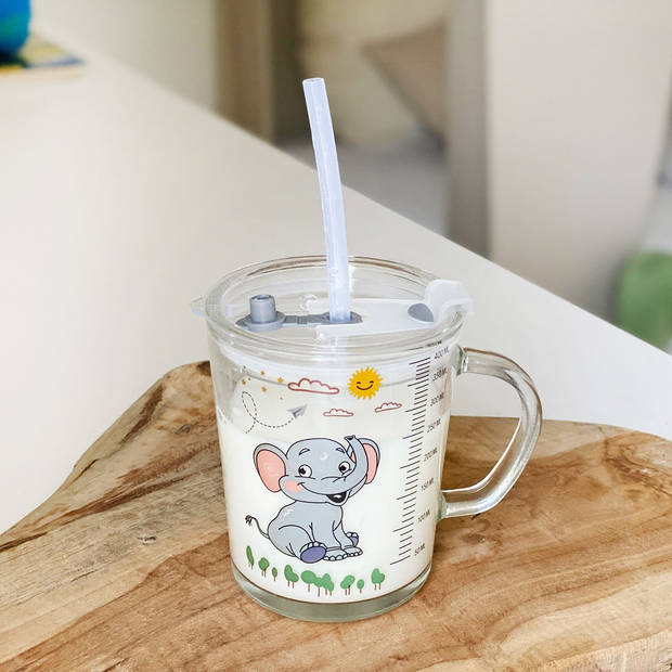 Intirilife doorschijnende kinderbeker met deksel, schaal en rietje met olifant ontwerp - 400 ml - drinkglas met handvat