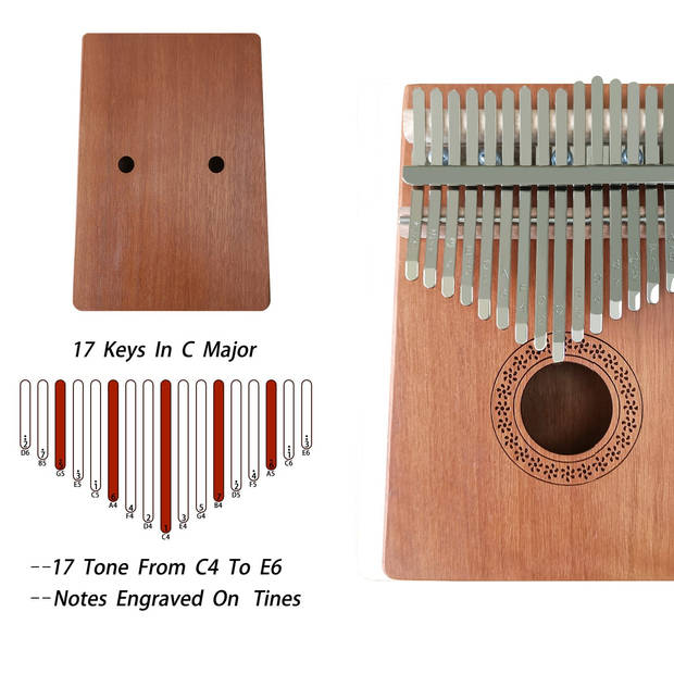 Intirilife 17-toetsen kalimba duimpiano set gemaakt van hout in donker bruin