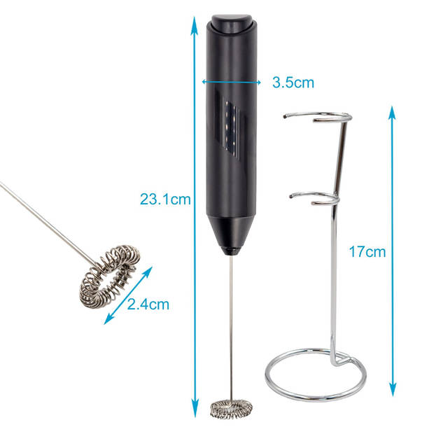 Intirilife elektrische melkopschuimer in zwart met houder - batterij-aangedreven handopschuimer, melkschuim maker