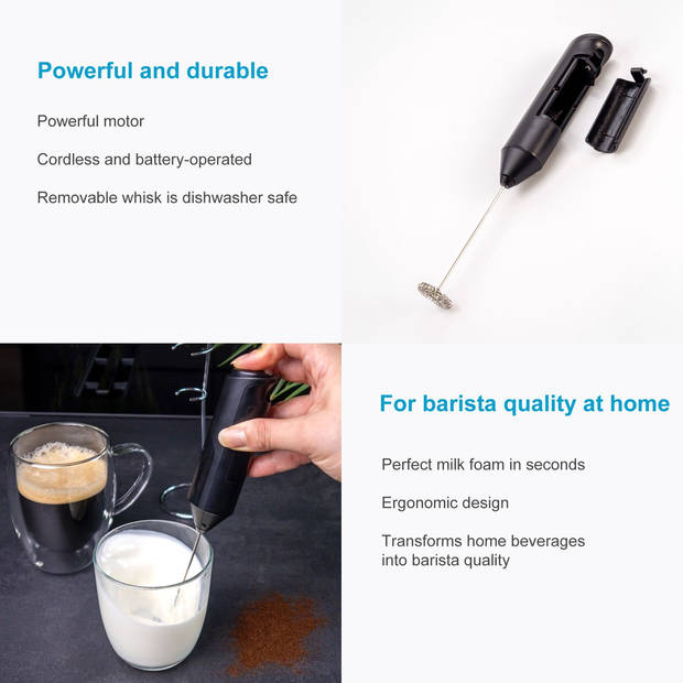 Intirilife elektrische melkopschuimer in zwart met houder - batterij-aangedreven handopschuimer, melkschuim maker