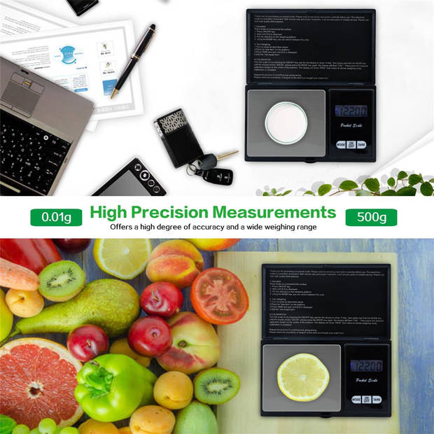 Intirilife digitale precisieweegschaal in zwart – 500 g elektronische zakweegschaal met tara-functie en lcd-display