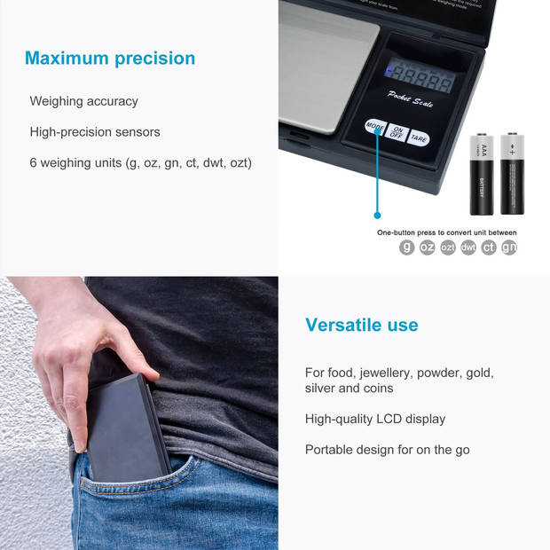 Intirilife digitale precisieweegschaal in zwart – 200 g elektronische zakweegschaal met tara-functie en lcd-display