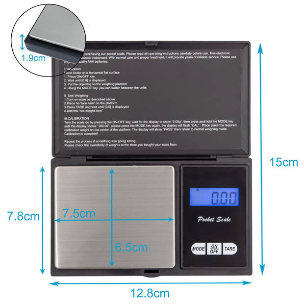 Intirilife digitale precisieweegschaal in zwart – 200 g elektronische zakweegschaal met tara-functie en lcd-display