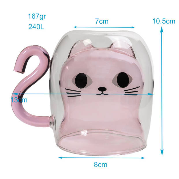 Intirilife 2x dubbelwandig thermo thee koffie glas met kattenmotief in roze - 200ml inhoud - geïsoleerde glazen mok