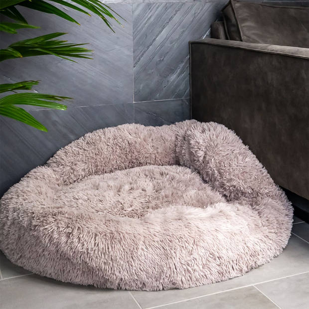 Intirilife fluffy pluche huisdierbed in beige 100 cm - zacht rond antislip hondenbed kattenbed kussen