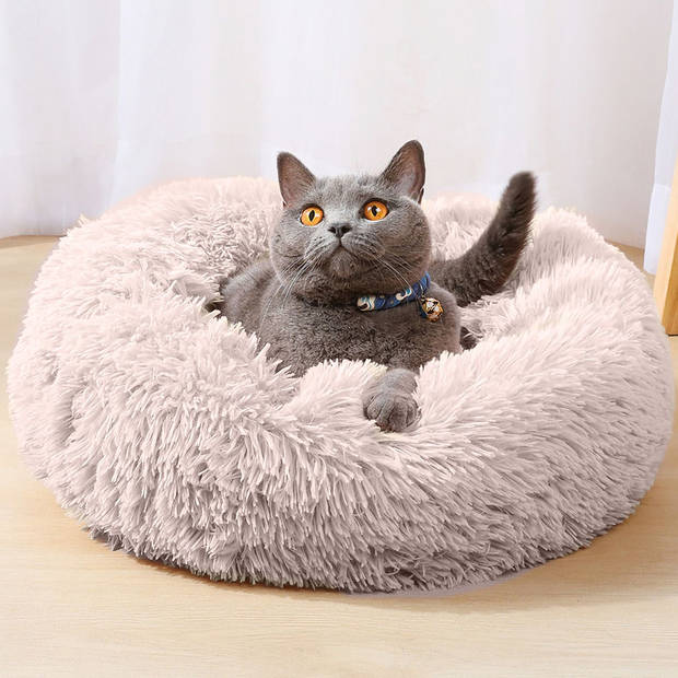 Intirilife fluffy pluche huisdierbed in beige 100 cm - zacht rond antislip hondenbed kattenbed kussen