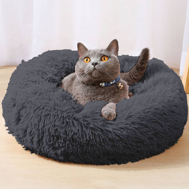 Intirilife fluffy pluche huisdierbed in donkergrijs 100 cm - zacht rond antislip hondenbed kattenmand kussen