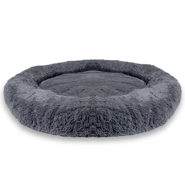 Intirilife fluffy pluche huisdierbed in donkergrijs 100 cm - zacht rond antislip hondenbed kattenmand kussen