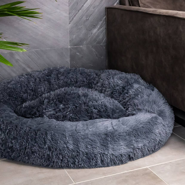 Intirilife fluffy pluche huisdierbed in donkergrijs 100 cm - zacht rond antislip hondenbed kattenmand kussen