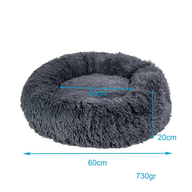 Intirilife fluffy pluche huisdierbed in donkergrijs 60 cm - zacht rond antislip hondenbed kattenbed kussen