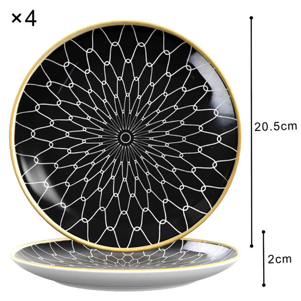 Intirilife 4x porseleinen borden patroon verbonden - zwart wit - diameter 20,5 cm - ontbijtborden dessertborden serveer