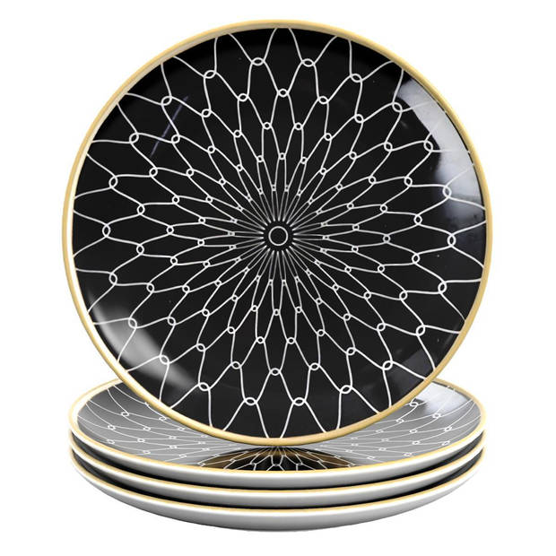 Intirilife 4x porseleinen borden patroon verbonden - zwart wit - diameter 15,3 cm - ontbijtborden dessertborden serveer