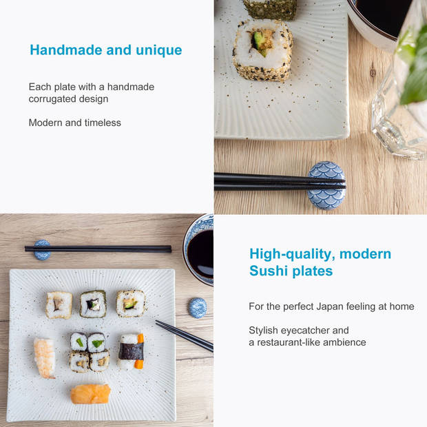Intirilife 2x sushischotel serveerbord van porselein in wit - 26 x 23,4 x 3,8 cm japanse sushiserveerschalen handgemaakt