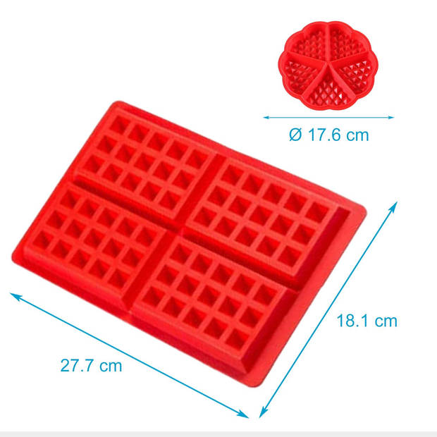 Intirilife set van 2 wafelvormen bakvormen in ronde hartvormen en rechthoeken in rood - 28 x 18.5 x 1.5 cm & 16.8 x 1.5