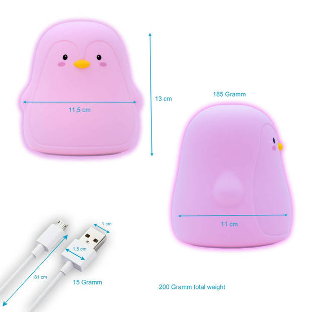 Intirilife nachtlampje voor kinderen met 7 kleuren - roze pinguïn - 11,5 x 11 x 13 cm - schattige nachtlamp