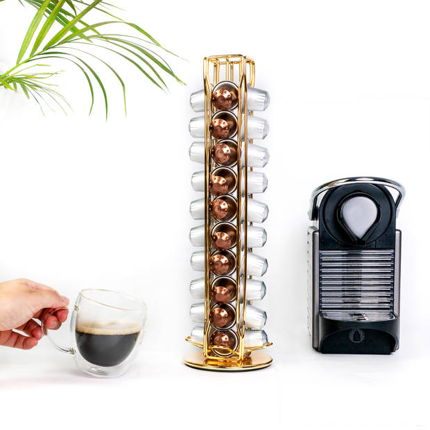 Intirilife koffiecapsulehouder compatibel met nespresso capsules (40 stuks) in goud-kleurig ijzer