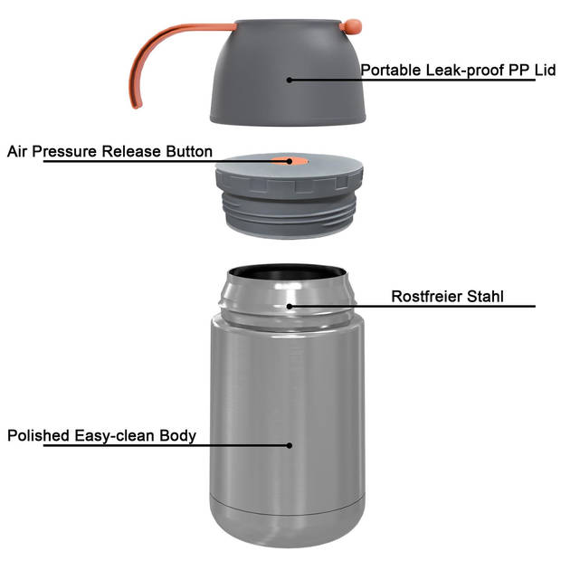 Intirilife thermocontainer met 650 ml inhoud - lekvrije bpa-vrije roestvrijstalen thermosfles