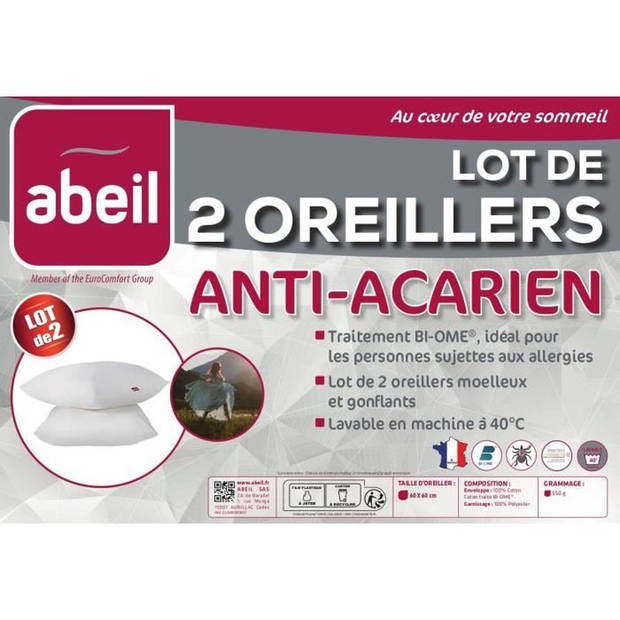 Set van 2 antimijtkussens - 60 x 60 cm - 100% biologisch behandeld katoen - ABEIL