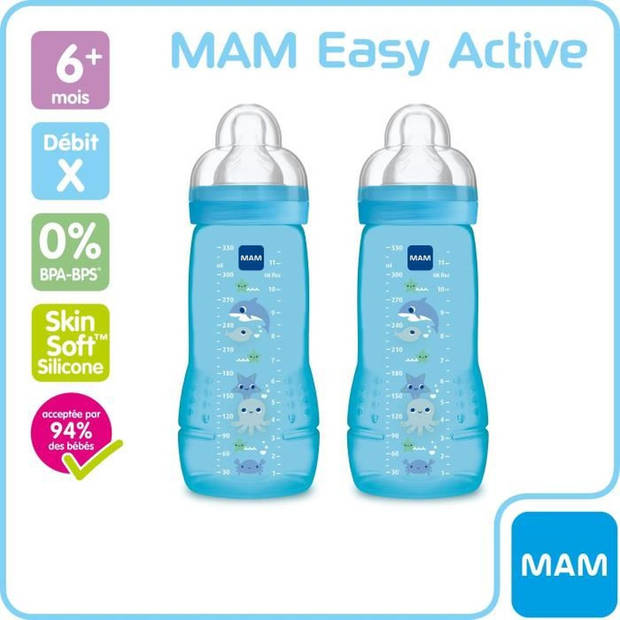 MAM Easy Active 2e leeftijd gekleurde fles - 330 ml - vanaf 6 maanden - Speenstroom X - Pack van 2 - Boy