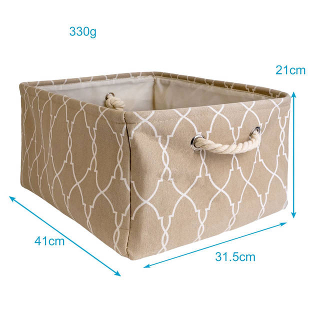 Intirilife opbergmand organiser met handvat in beige met patroon - 41 x 31.5 x 21 cm - opgevouwen 41 x 33.5 x 5.5 cm