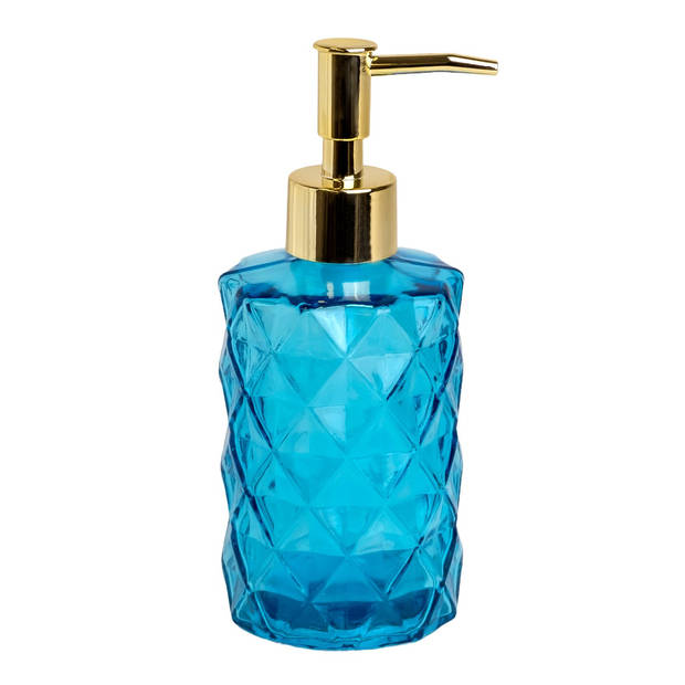 Intirilife zeepdispenser van glas in blauw met geruit patroon - 310ml inhoud - dispenser