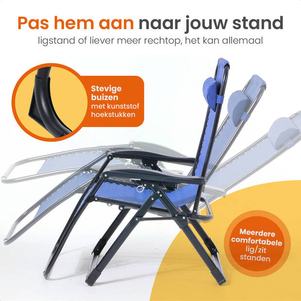 Goliving Opvouwbare Ligstoel - 3 Standen - Verstelbare Tuinstoel met Tafel - Inklapbare Campingstoel - Blauw