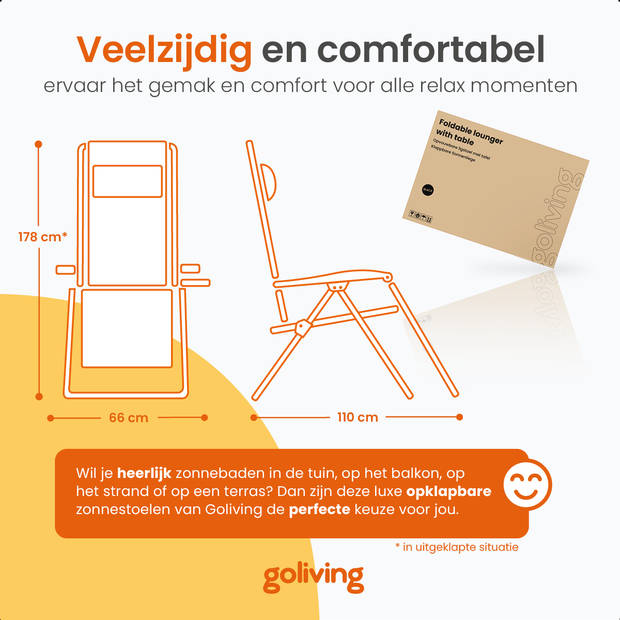 Goliving Opvouwbare Ligstoel - 3 Standen - Verstelbare Tuinstoel met Tafel - Inklapbare Campingstoel - Zwart