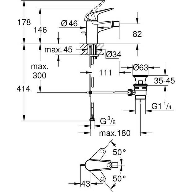 Eéngreepsbidetmengkraan - GROHE Swift - 24332001 - Chroom - Met kogelgewricht - Waterbesparend