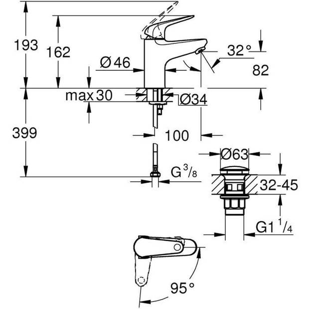 Eéngreeps wastafelmengkraan - GROHE Swift - 24323001 - Chroom - Maat S - Koudwateropening - Waterbesparend - Klik-klak a