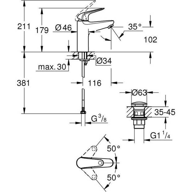 Eéngreeps wastafelmengkraan - GROHE Swift - 24326001 - Chroom - Maat M - Waterbesparend - Click-clack afvoer