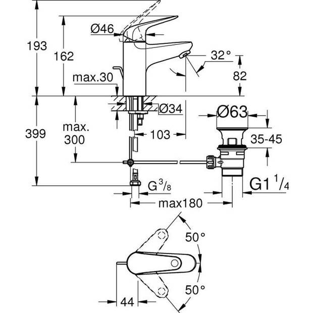 Eéngreeps wastafelmengkraan - GROHE Swift - 24316001 - Chroom - Maat S - Waterbesparend - Uittrekbaar en afvoer