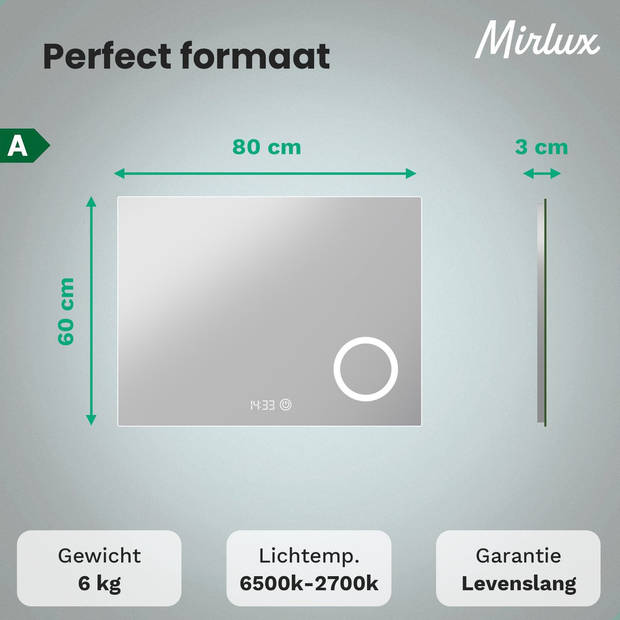 Mirlux Badkamerspiegel met LED Verlichting & Verwarming – Wandspiegel – Anti Condens- 80x60CM