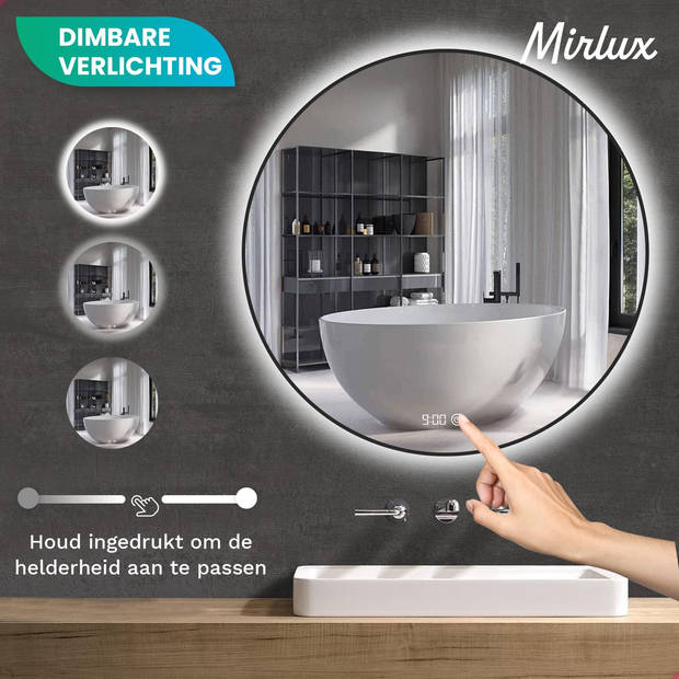 Mirlux Badkamerspiegel met LED Verlichting & Verwarming – Rond - Anti Condens - Mat Zwart - 80CM