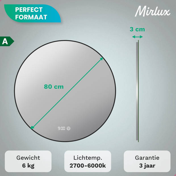 Mirlux Badkamerspiegel met LED Verlichting & Verwarming – Rond - Anti Condens - Mat Zwart - 80CM