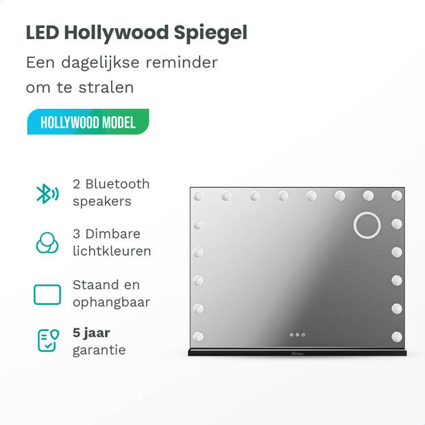 Mirlux Hollywood Make Up Spiegel LED Verlichting - Bluetooth Speakers - 10x Zoom - Ophangbaar - Zwart - 80x60cm