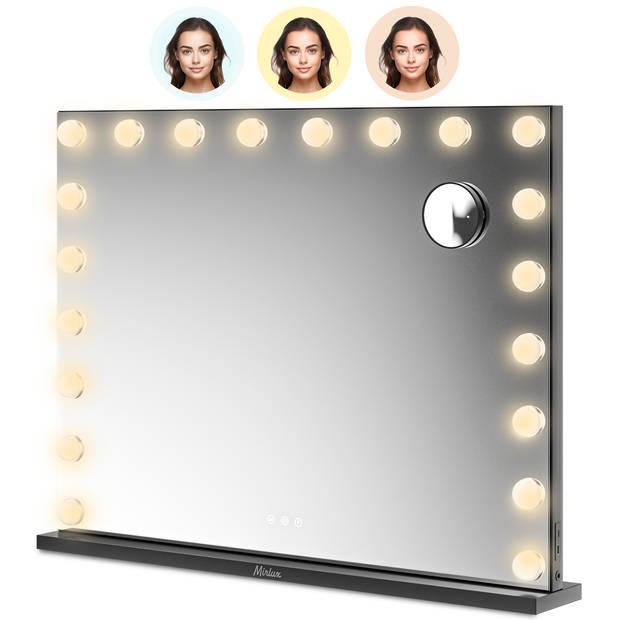Mirlux Hollywood Make Up Spiegel LED Verlichting - Bluetooth Speakers - 10x Zoom - Ophangbaar - Zwart - 80x60cm
