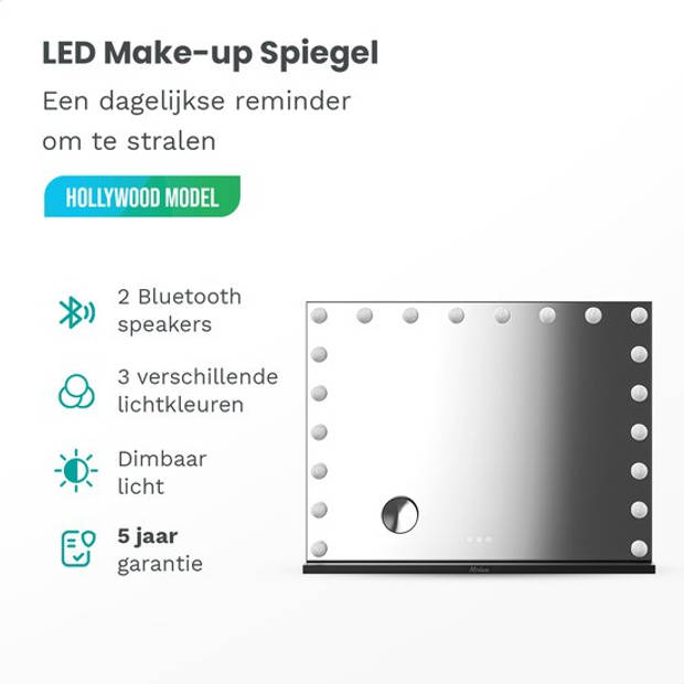 Mirlux Hollywood Make Up Spiegel LED Verlichting - Bluetooth Speakers - 10x Zoom - Ophangbaar - Zwart - 80x60cm