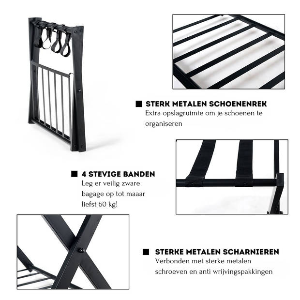 Costway Opvouwbaar Bagagerek Kofferstandaard - Bagagerek met Schoenenplank - Metaal Zwart 68 x 44 x 57 cm