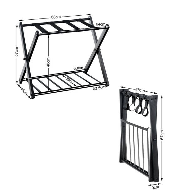 Costway Opvouwbaar Bagagerek Kofferstandaard - Bagagerek met Schoenenplank - Metaal Zwart 68 x 44 x 57 cm