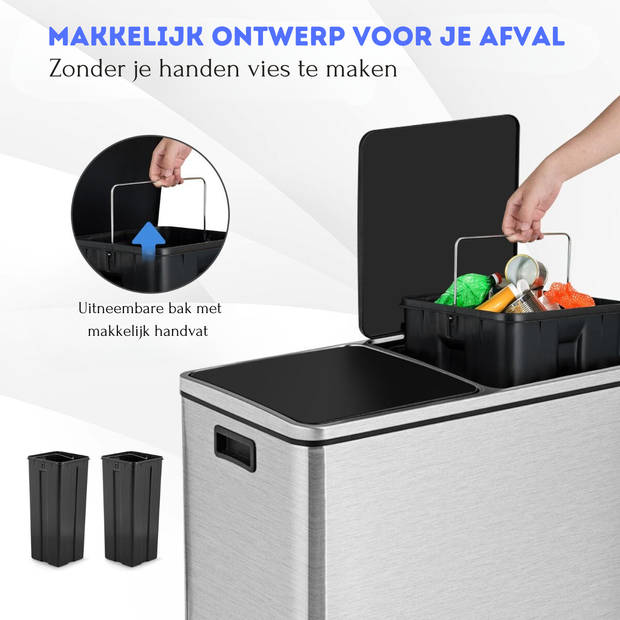 Costway RVS Afvalscheidingsprullenbak 2 x 30L - Prullenbak 60L Met Dubbele Compartimenten En Voetpedalen