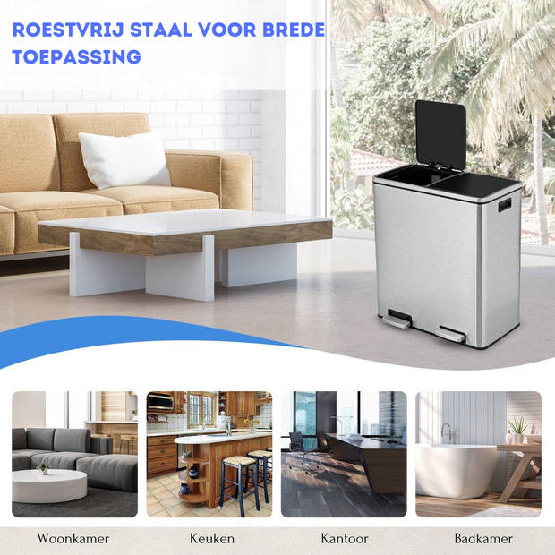 Costway RVS Afvalscheidingsprullenbak 2 x 30L - Prullenbak 60L Met Dubbele Compartimenten En Voetpedalen