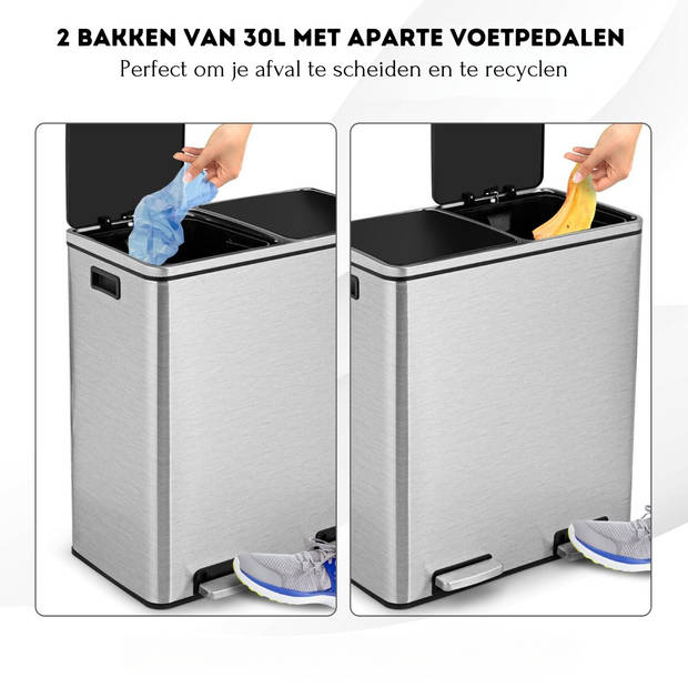 Costway RVS Afvalscheidingsprullenbak 2 x 30L - Prullenbak 60L Met Dubbele Compartimenten En Voetpedalen