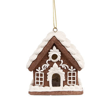 Clayre & Eef Kersthanger met LED Gingerbread house 8x6x9 cm Bruin Kunststof Peperkoekhuisje Bruin Peperkoekhuisje