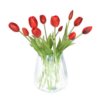 Bellatio Design Kunst tulpen boeket Bella - 12x stuks - rood - real touch - 40 cm - Kunstbloemen