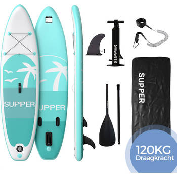SUPPER Sup Board - Max. 120KG - Opblaasbaar – Paddle Board inclusief accessoires (285 x 76 cm, Turquoise)