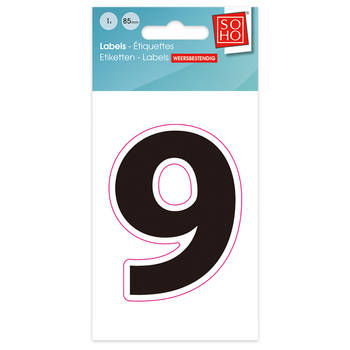 Plakcijfer - Nummer Sticker - 9 - Weerbestendig Ca. 85mm Hoog - Zwart